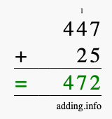 Calculate 447 + 25 using long addition