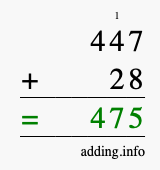 Calculate 447 + 28 using long addition