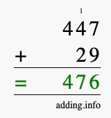 Calculate 447 + 29 using long addition