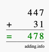 Calculate 447 + 31 using long addition