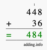 Calculate 448 + 36 using long addition