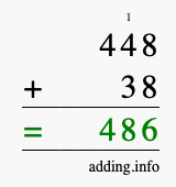 Calculate 448 + 38 using long addition