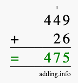 Calculate 449 + 26 using long addition