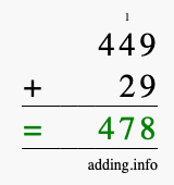 Calculate 449 + 29 using long addition