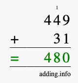 Calculate 449 + 31 using long addition