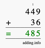 Calculate 449 + 36 using long addition