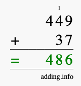 Calculate 449 + 37 using long addition
