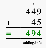 Calculate 449 + 45 using long addition