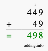 Calculate 449 + 49 using long addition