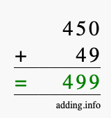Calculate 450 + 49 using long addition