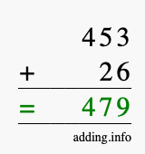 Calculate 453 + 26 using long addition