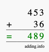 Calculate 453 + 36 using long addition