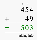 Calculate 454 + 49 using long addition