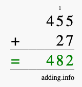 Calculate 455 + 27 using long addition
