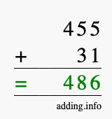 Calculate 455 + 31 using long addition