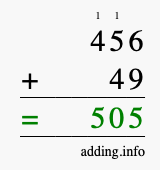 Calculate 456 + 49 using long addition