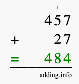 Calculate 457 + 27 using long addition