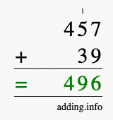Calculate 457 + 39 using long addition