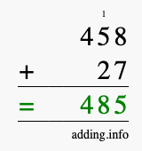 Calculate 458 + 27 using long addition