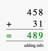 Calculate 458 + 31 using long addition