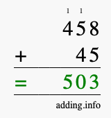 Calculate 458 + 45 using long addition