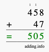 Calculate 458 + 47 using long addition