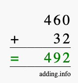 Calculate 460 + 32 using long addition