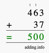 Calculate 463 + 37 using long addition