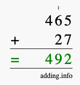 Calculate 465 + 27 using long addition