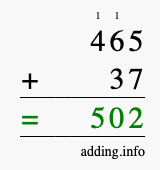 Calculate 465 + 37 using long addition