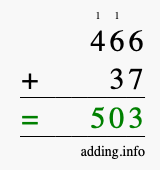 Calculate 466 + 37 using long addition