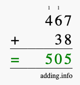 Calculate 467 + 38 using long addition