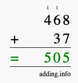 Calculate 468 + 37 using long addition