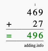 Calculate 469 + 27 using long addition