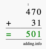 Calculate 470 + 31 using long addition