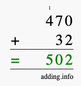Calculate 470 + 32 using long addition