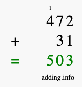 Calculate 472 + 31 using long addition