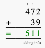 Calculate 472 + 39 using long addition