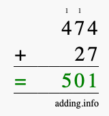 Calculate 474 + 27 using long addition