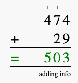 Calculate 474 + 29 using long addition