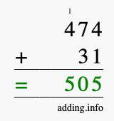 Calculate 474 + 31 using long addition