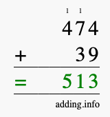 Calculate 474 + 39 using long addition