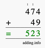 Calculate 474 + 49 using long addition
