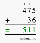 Calculate 475 + 36 using long addition