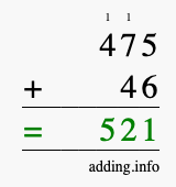 Calculate 475 + 46 using long addition