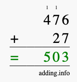 Calculate 476 + 27 using long addition