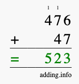 Calculate 476 + 47 using long addition