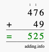 Calculate 476 + 49 using long addition