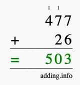 Calculate 477 + 26 using long addition