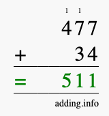 Calculate 477 + 34 using long addition